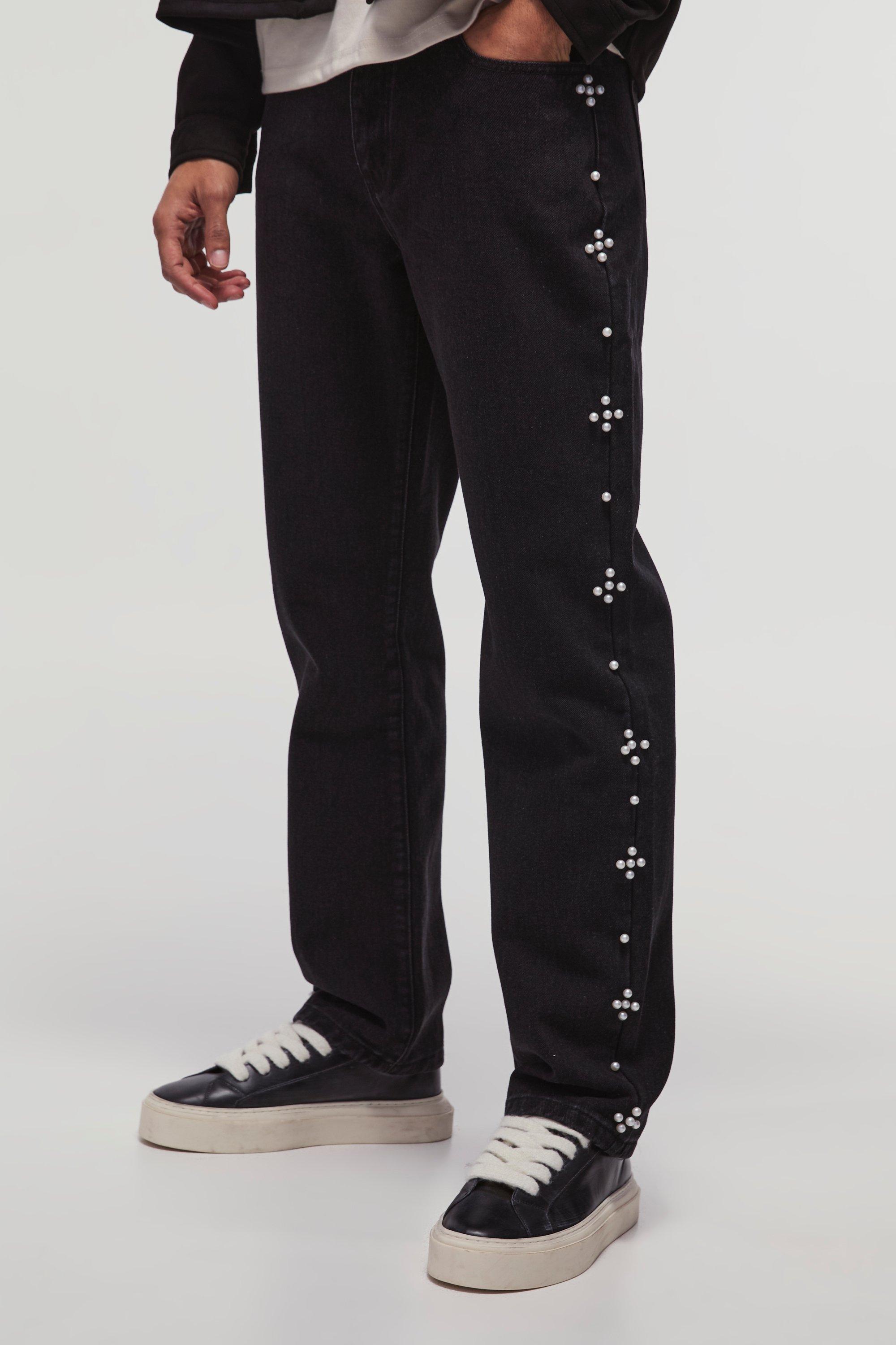 Mens Black Straight Leg Cross Pearl Jeans, Black